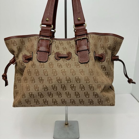 Dooney & Bourke Jacquard Logo Canvas & Leather Cinch Top Snap Close Tote Brown - Picture 5 of 7